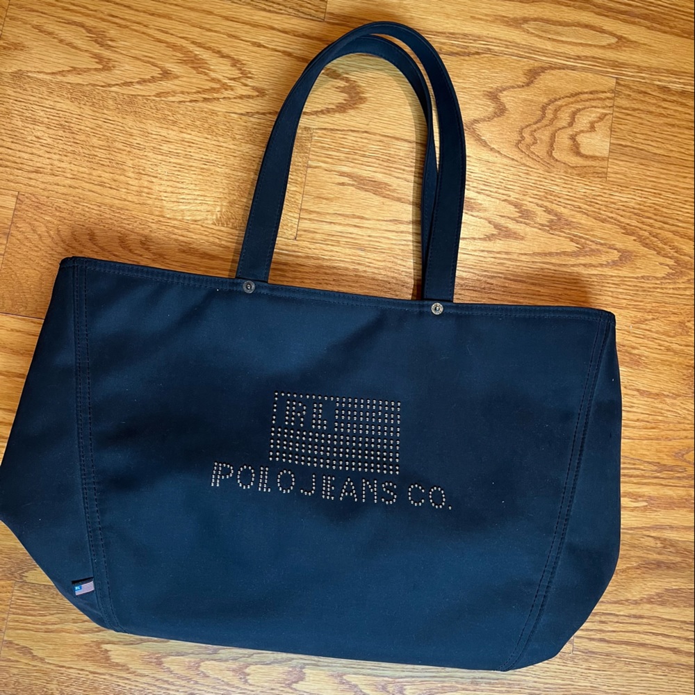 Black Polo Jeans Co Ralph Lauren Tote Bag Studded American Flag w/ Small Pouch